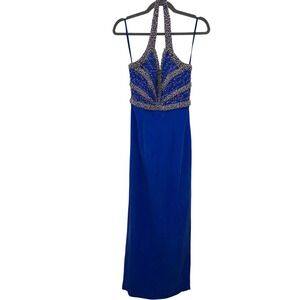 Vintage Royal Blue Silk Beaded Halter Formal Prom Cocktail Dress Size 8